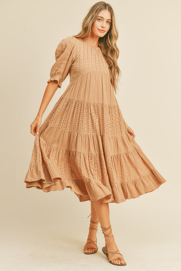 Contrast Eyelet Lace Midi Tiered Dress