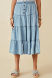 Light Denim Womens Tiered Button Front Tencel Skirt