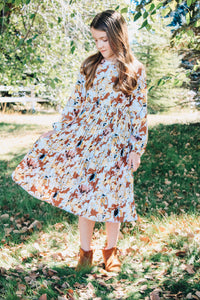 Girls Floral Printed Long Sleeve Midi Dress with Pleated Skirt