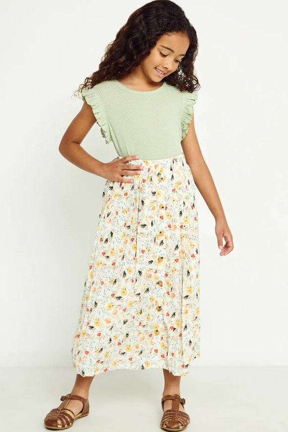 Girls Floral Print Pleated Midi Skirt