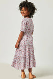 Girls Lilac Disty Floral Button Detail Ruffled Sleeve Dress