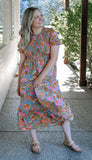 Womens Multi-Color Floral Pattern Smock Bodice Midi Dress