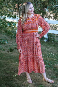 Womens Rust Boho Floral Print Ruffle Midi Dress