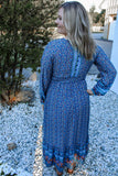 Womens Blue Floral Border Print Boho Midi Dress