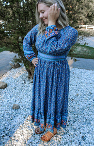 Womens Blue Floral Border Print Boho Midi Dress