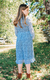 Girls Long Sleeve Navy and White Ditsy Floral Pleated Skirt Midi Dress