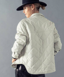 Womens Off White Faux Leather Diamond Quilted Long Sleeve Jacket