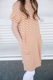 Girls Puff Sleeve Pocketed Stripe Knit Dress