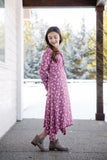 Girls Dusty Pink Long Sleeve Dress With Ruffle Tie Front