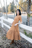 Womens Light Brown Ditsy Tiered Layers Smocked Maxi Dress