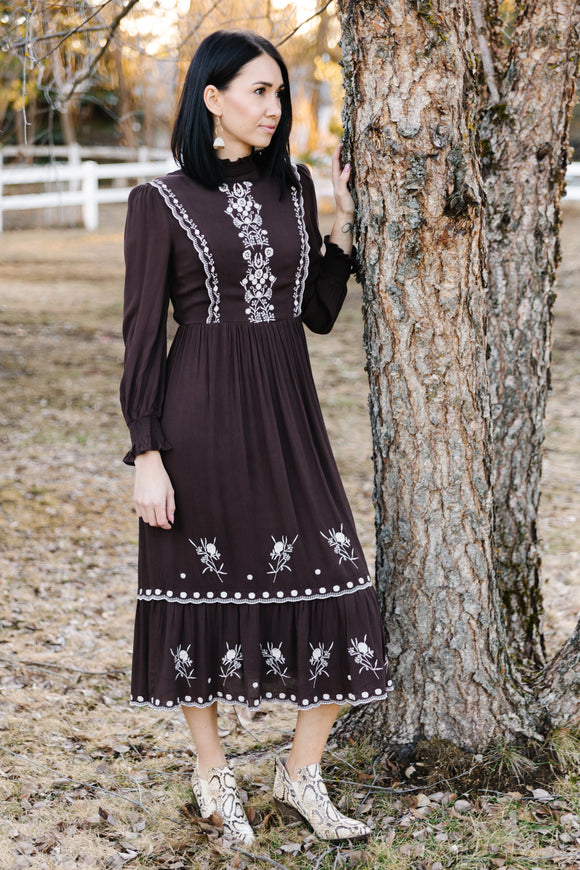 Womens Umber Embroidered Folklore Mock Neck Midi Dress