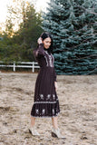 Womens Umber Embroidered Folklore Mock Neck Midi Dress