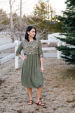 Womens Olive Green Polka Dot Baby Doll Embroidered Dress